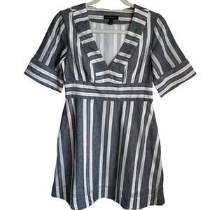 Banana Republic Mini Dress Sz 4P Cotton Linen Pockets V Neck Striped Coastal